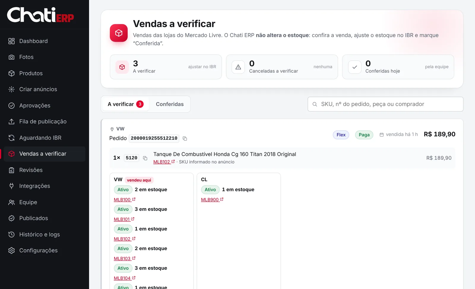 Tela de Vendas a verificar do Chati ERP com o estoque de cada loja